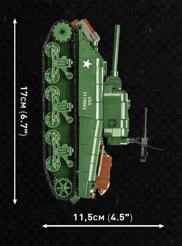 A green Sherman M4A1 #3044 tank is shown with measurements.
