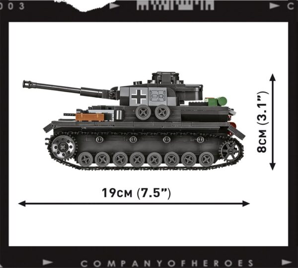 A picture showcasing the C.O.H.3 Panzer IV Ausf. G #3045 tank alongside measurements.