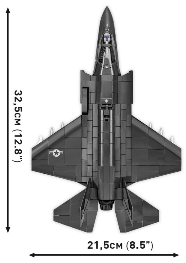 A LEGO model of the F-35B Lightning II (USAF) #5829 fighter jet is displayed.