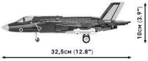 Lego model of F-35B Lightning II (RAF) #5830 fighter jet with measurements.