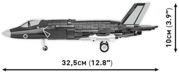 Lego model of F-35B Lightning II (RAF) #5830 fighter jet with measurements.