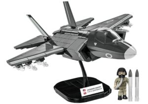A model of an F-35B Lightning II (RAF) #5830 fighter jet on a stand.