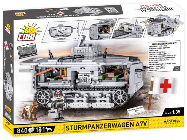 A box featuring the Sturmpanzerwagen A7V #2989 and additional contents.