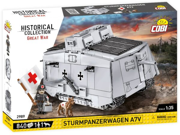 A soldier-operated Sturmpanzerwagen A7V #2989 equipped with a tank.