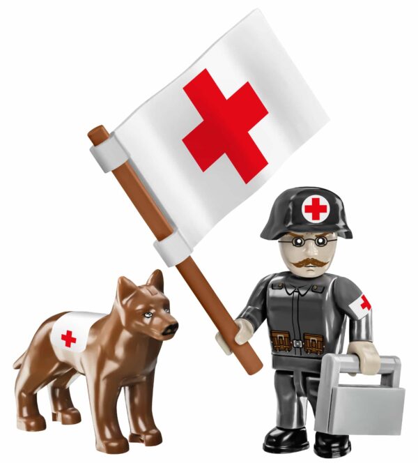 A figure of the Sturmpanzerwagen A7V #2989 with a red cross and a dog.