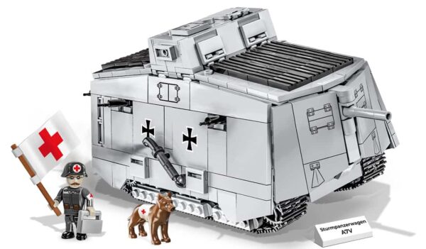 A Sturmpanzerwagen A7V #2989 tank with a soldier and a dog next to it.