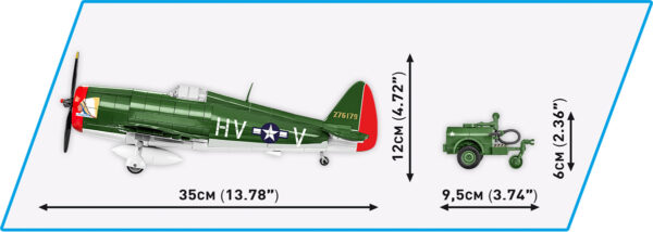 A model of a P-47 Thunderbolt airplane and its accompanying Fuel Tank Trailer #5736 displayed alongside a car.