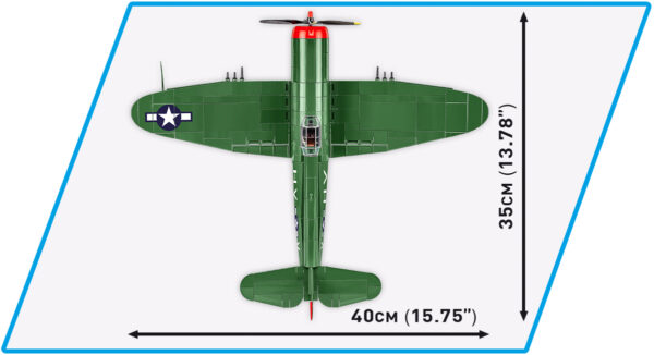 A model of a P-47 Thunderbolt & Fuel Tank Trailer #5736 with measurements for display or reference purposes.