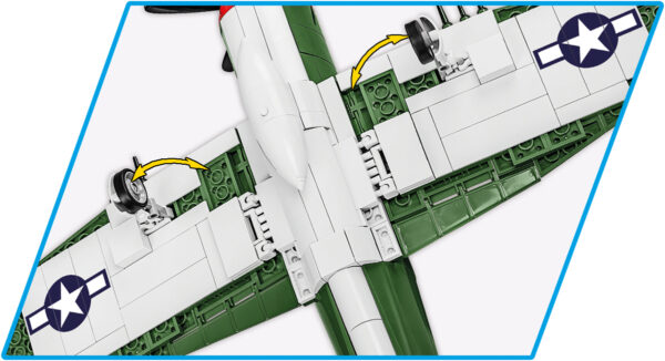 A model of the P-47 Thunderbolt fighter plane with a green and white color scheme, accompanied by a fuel tank trailer.