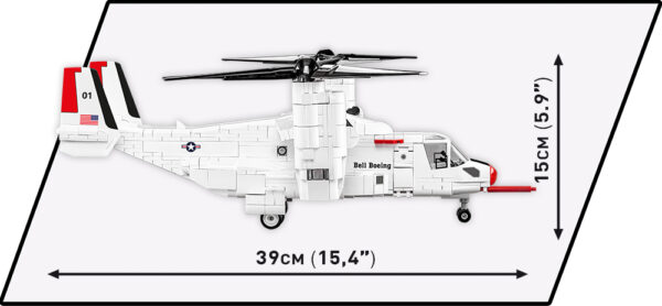 An image of a Bell-Boeing V-22 Osprey (First Flight Edition) toy helicopter with measurements.