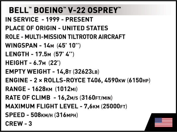 Specifications and features of the Bell-Boeing V-22 Osprey (First Flight Edition) #5835.