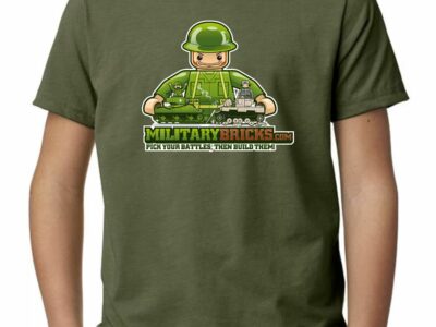 A young boy wearing a olive green t-shirt with a soldier design.