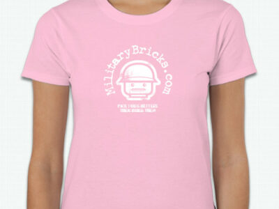 A soft pink ladies tee with a white logo on it.