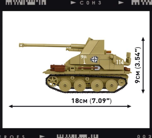 A Marder III (Sd.Kfz.139) tank is shown with measurements.