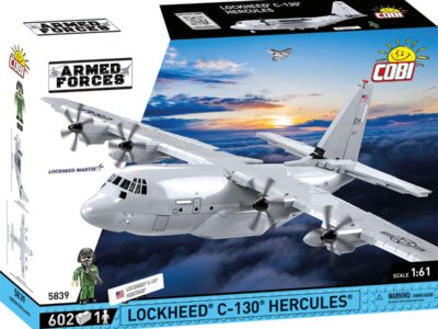 A box containing a model of the Lockheed C-130 Hercules aircraft.