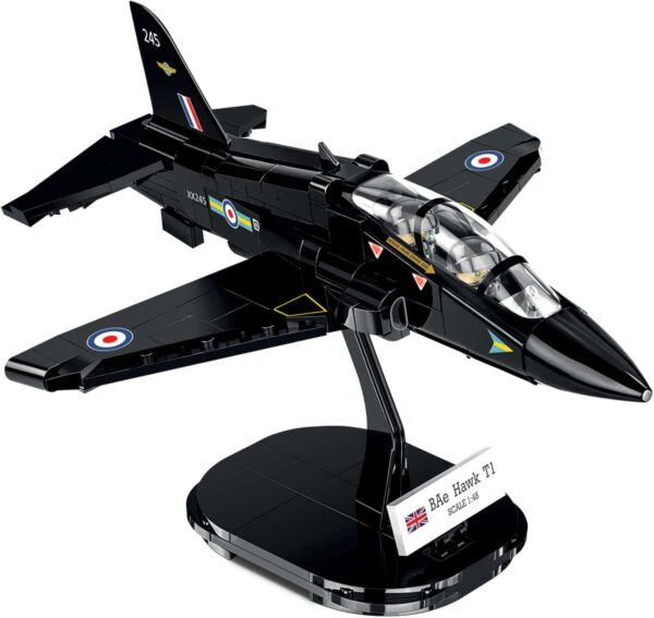 A model of the BEA Hawk T1 Royal Air Force #5845 on a stand.