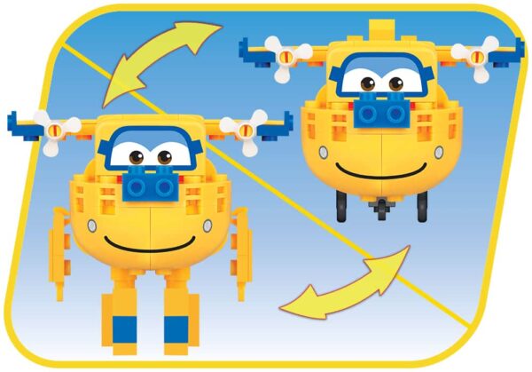 A yellow and blue Donnie's Station Super Wings #25134 airplane and helicopter.