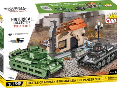 A box containing the iconic Battle of Arras (1940) Matilda II tank and the Panzer 38(t) #2284, along with a set of building bricks.
