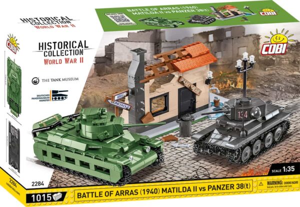 A box containing the iconic Battle of Arras (1940) Matilda II tank and the Panzer 38(t) #2284, along with a set of building bricks.