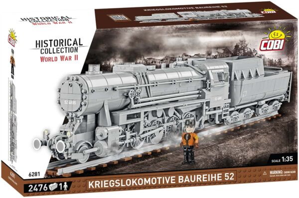 A box with a model of the Kriegslokomotive Baureihe 52 #6281 steam locomotive.