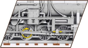 A model of a Kriegslokomotive Baureihe 52 #6281 train engine with a wheel on it.