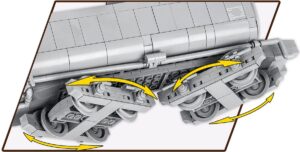 A model of the Kriegslokomotive Baureihe 52 #6281 featuring arrows in different directions.