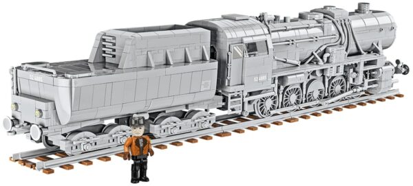 A train set featuring the Kriegslokomotive Baureihe 52 #6281, accompanied by a man.