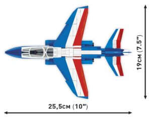 A lego model of the Alpha Jet Patrouille de France #5841 with measurements.