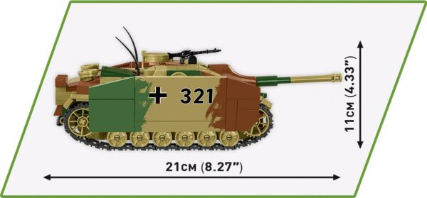 An image of a Cobi Sturmgeschutz III AUSF.G Executive Edition Tank Hunter #2285 with measurements.
