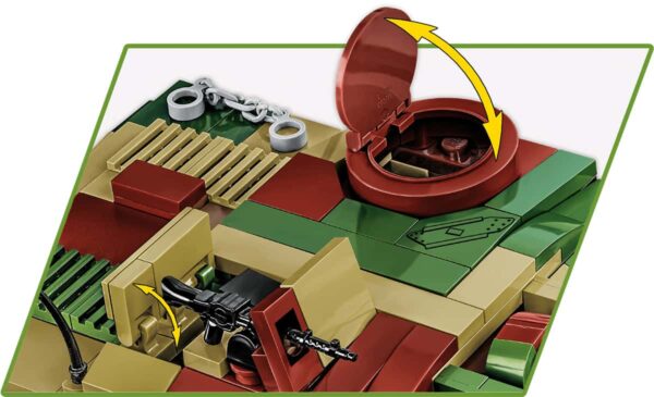 A Cobi Stug 2576 is shown with a vibrant red, green, and yellow color scheme.
