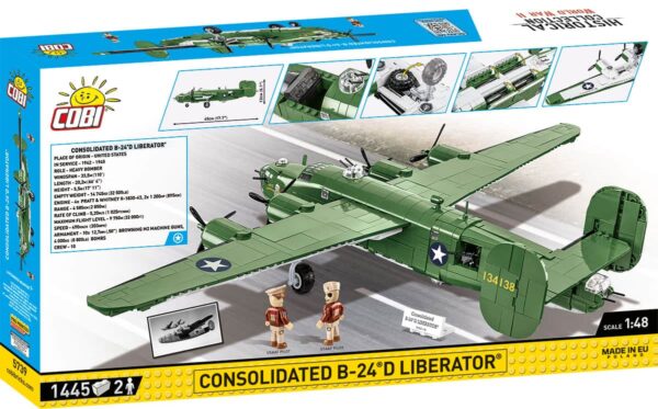 A picture of a COBI toy plane with a picture of a Consolidated B-24D Liberator #5739 plane.