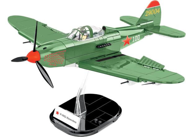 Cobi model of a BELL P-39Q Airacobra Soviet #5747 fighter plane on a stand.