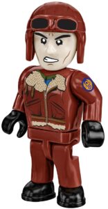 A Cobi Memphis Belle Flying Fortress figure in a red jacket and helmet.