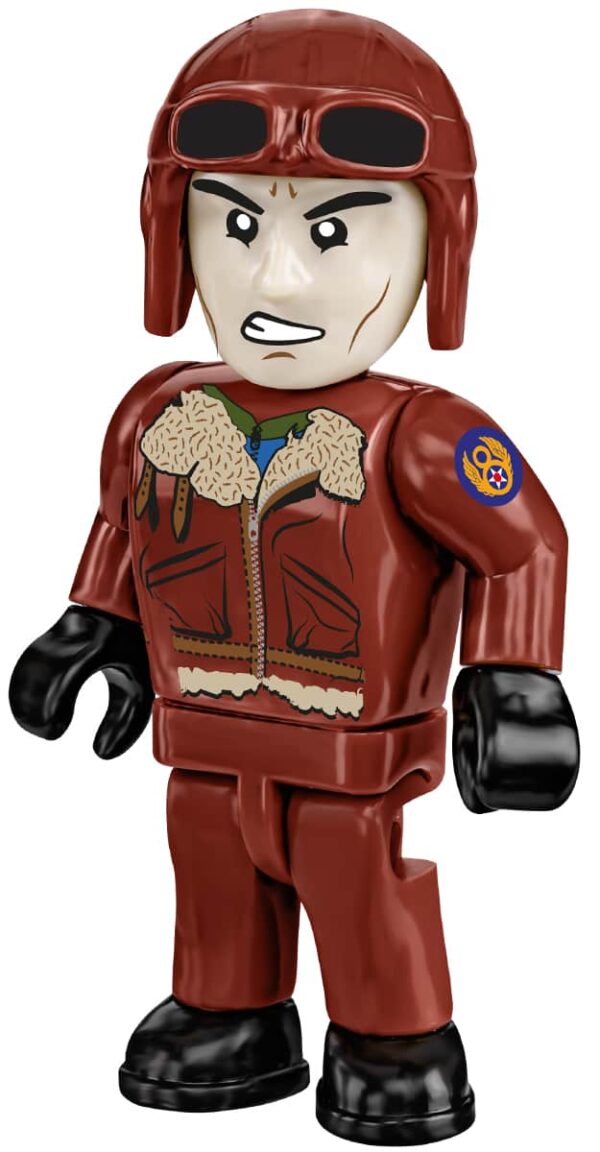 A Cobi Memphis Belle Flying Fortress figure in a red jacket and helmet.