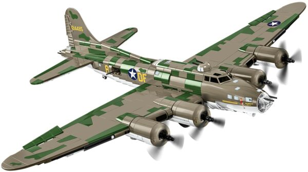 Cobi Flying Fortress model of the Memphis Belle flying over a white background.