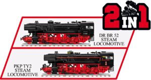 Cobi #6283: A pair of red and black Steam Locomotive DRB Class 52 models.