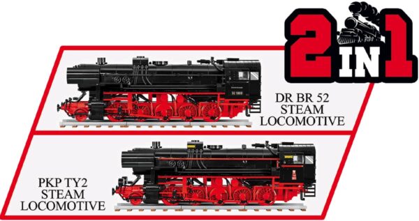 Cobi #6283: A pair of red and black Steam Locomotive DRB Class 52 models.