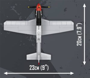 A diagram displaying the dimensions of the Cobi Top Gun Mustang P-51D #5847 model airplane.