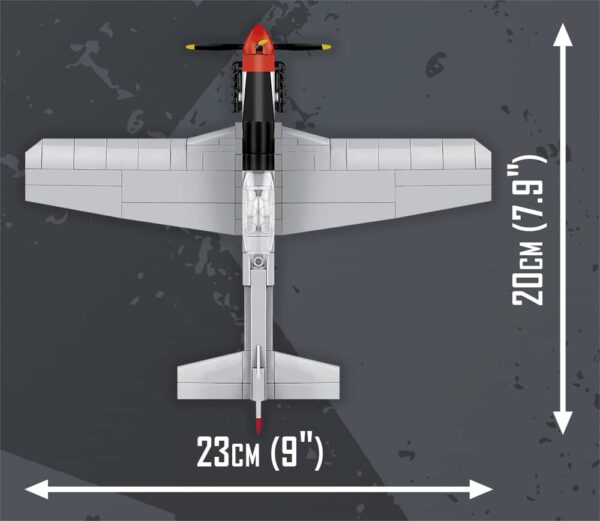 A diagram displaying the dimensions of the Cobi Top Gun Mustang P-51D #5847 model airplane.