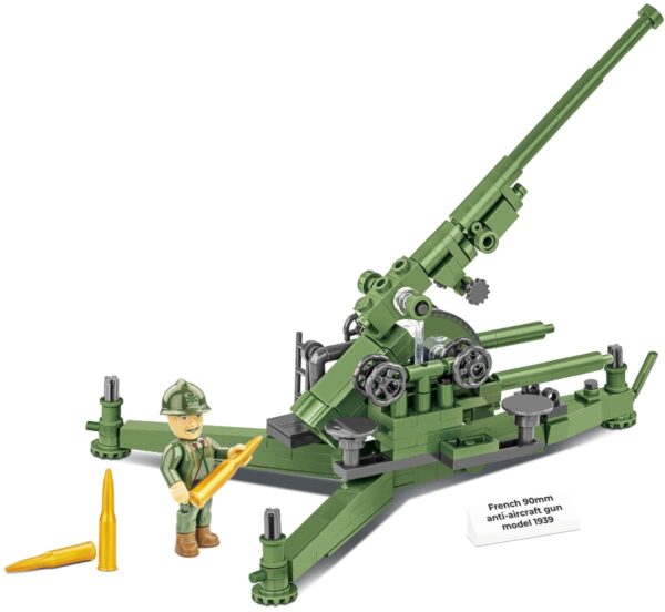 A toy gun stands next to a French 90MM Anti-Aircraft #2294.