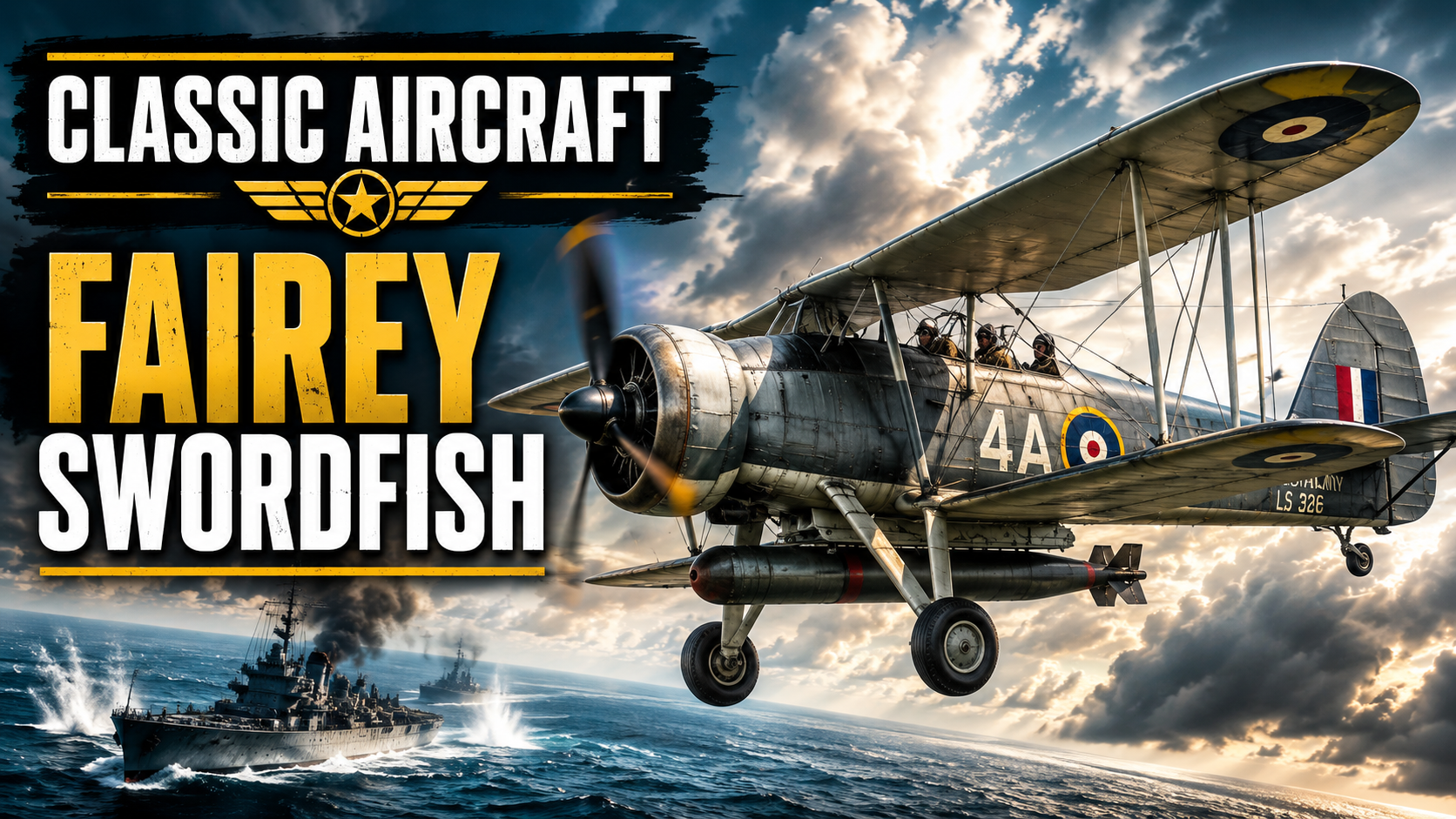 Classic Aircraft Fairey Swordfish torpedo bomber flying over warships in a dramatic World War II naval scene.