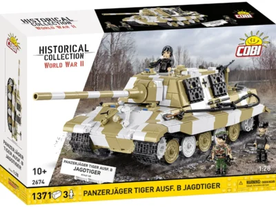 COBI Panzerjäger Tiger Ausf. B Jagdtiger heavy tank destroyer set 2674 box front with winter camouflage and three figures