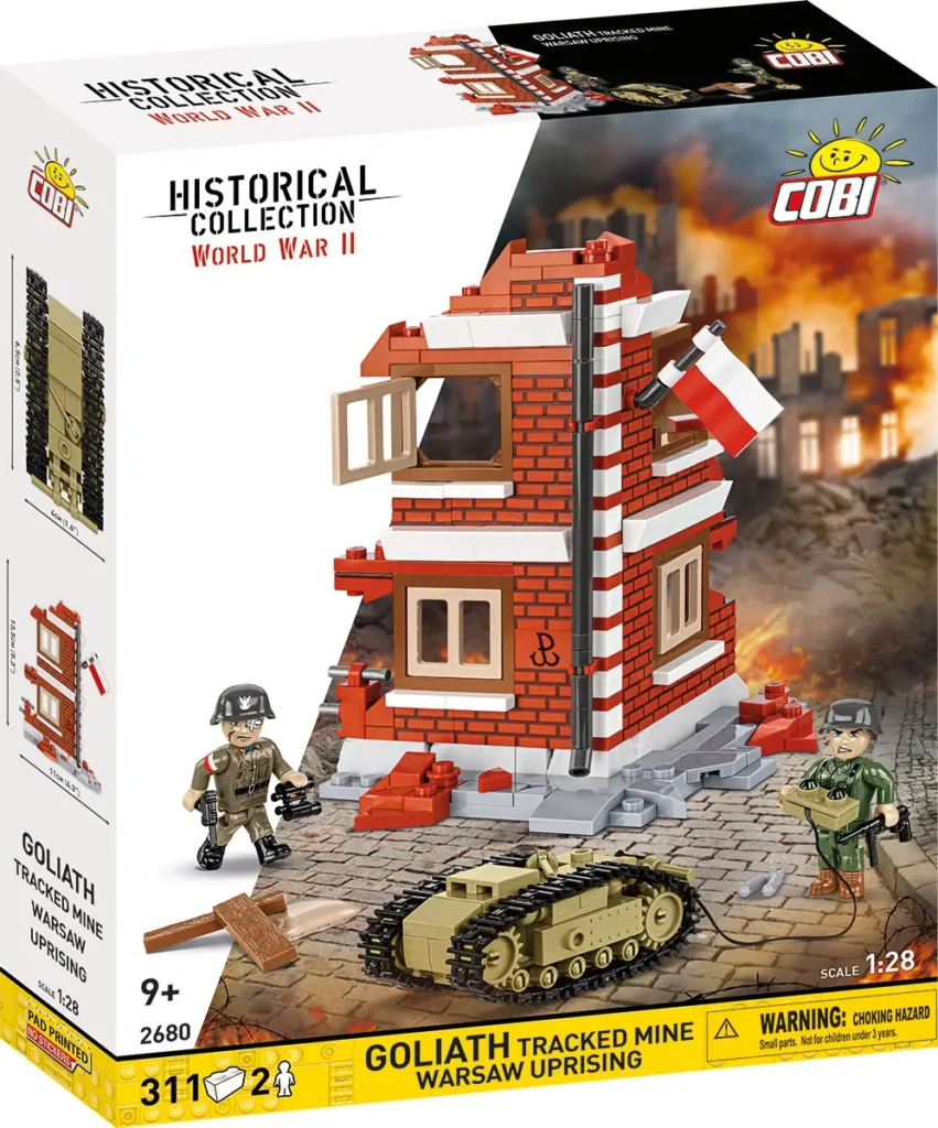 COBI Goliath Tracked Mine Warsaw Uprising Set 2680 box front showing the 1:28 scale model, ruined building and two brick figures